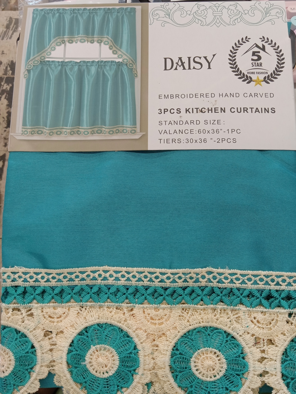 Daisy Turquoise and Cream Embroidered 3-Piece Kitchen Curtain Set